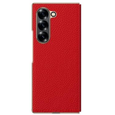 Imagem de Capa de couro genuíno para Samsung Galaxy Z Fold 6, capa flip magnética fina de luxo com moldura galvanizada à prova de choque vermelha