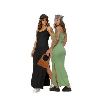 Imagem de KIT 2 Vestido Canelado Longo com Fenda Lateral de Alcinha Sem Bojo - A