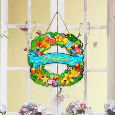 Imagem de Welcome Enfeite de verão para pendurar frutas, estrela-do-mar, placa, decoração para pendurar na parede interna ao ar livre, porta da frente