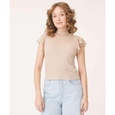 Imagem de Blusa Feminina Canelada Babado Gola Alta Marisa-11019, Bege, M