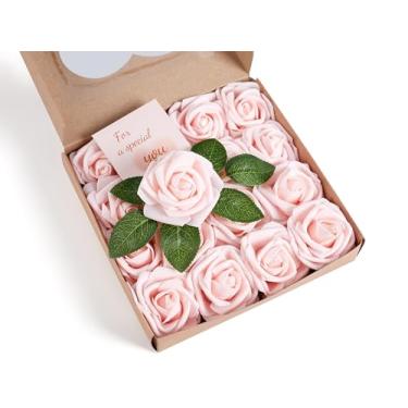 Imagem de XIANNVXI Flores artificiais rosa pêssego, rosas falsas de espuma de aparência real com hastes flores rosa para buquês de casamento, rosas falsas para festa de dia dos namorados, 16 peças