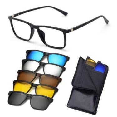 Imagem de Armação de Oculos Masculino Para Grau + 5 Clip On Troca Lentes de Sol Polarizado Proteç...