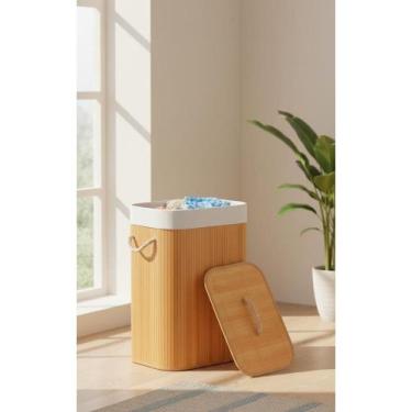 Imagem de 2x Cesto Roupa Bambu 70L Dobrável C/ Tampa e Forro Beige - Congratulat