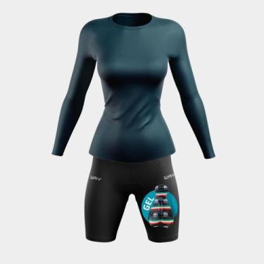 Imagem de Conjunto Ciclismo Feminino Kit Camisa UV Azul Marinho + Bermuda Forro 