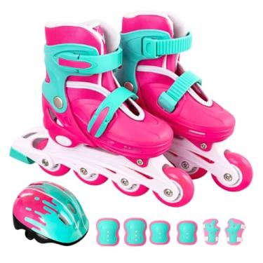 Imagem de Patins Infantil 4 Rodas Inline Ajustável Rosa + Proteção (M - 33 a 36)