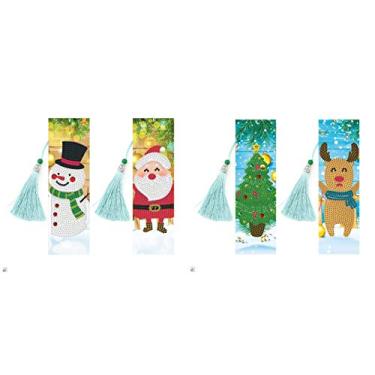 Imagem de Kit de pintura de diamante de Natal - pigpigpigboss pacote com 4 5D pintura de diamante arte cristal strass boneco de neve conjunto de pintura de diamante árvore de natal diamante ponto marcador de livro decoração (21 x 6 cm)