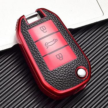 Imagem de YJADHU Couro TPU controle remoto masculino feminino chaveiro chaveiro capa de chave de carro, apto para Peugeot 208 308 508 408 2008 3008 407 307 4008 Citroen C4, vermelho