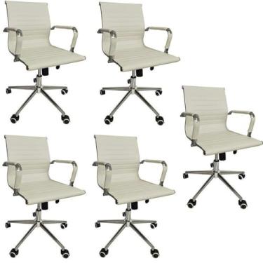Imagem de Kit 5 Cadeiras Office com Rodízio e Encosto Esteirinha Baixa Branco