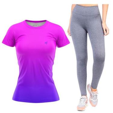 Imagem de Kit Camiseta Academia Feminina Blusa Fitness Calça Legging Cós Alto Pr