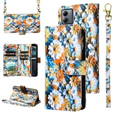 Imagem de Furill Capa carteira para Motorola Moto G54 5G com alça de pulso removível alça de ombro transversal flor couro 6+ compartimentos para cartão com zíper bolsa protetora de crédito capa de telefone G 54