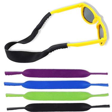 Imagem de 4 peças de óculos de sol de neoprene antiderrapante com tira de óculos de sol e cordão para óculos de sol com alça de pescoço para meninos e meninas (preto, azul, verde, roxo)