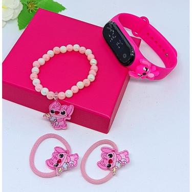 Imagem de Relógio Infantil Digital Led Silicone Disney Lilo Angel e Stitch 3D + Kit Acessórios de Cabelo Xuxinhas Pulseira Miçanga