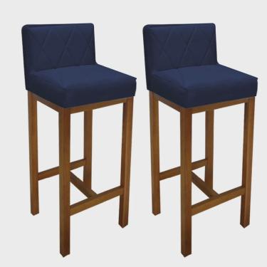 Imagem de Kit 02 Banqueta Alta Com Encosto Loren Cozinha Balcão Bistrô Base Madeira Rústico Suede Azul Marinho - Ahz Móveis
