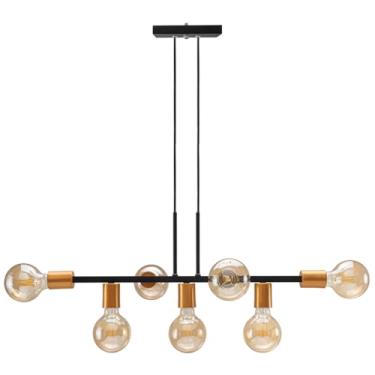 Imagem de Pendente Lustre 7 Lâmpadas para Sala de Jantar e Comércio 68cm Estilo Moderno e Funcional(Preto/Dourado)