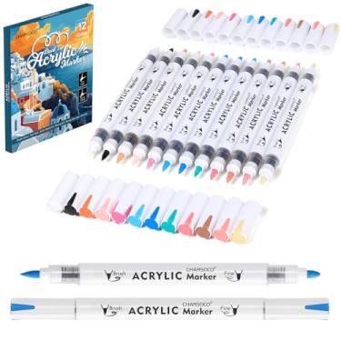 Imagem de CHARSOCO Marcadores de tinta acrílica – 12 canetas vibrantes de ponta dupla, tinta à base de água sem vazamento com controle automático, pontas finas de bala e pincel para papel, madeira, cerâmica