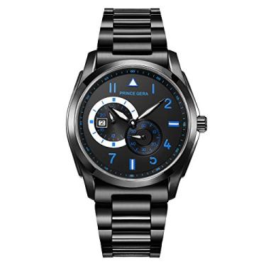 Imagem de PRINCE GERA Relógio masculino preto esportivo de aço inoxidável, mostrador analógico, relógio de pulso mecânico para presente de Natal, Índice azul, simples