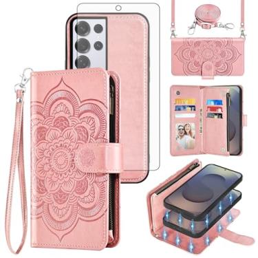 Imagem de Capa de celular para Samsung Galaxy S25 Ultra 5G com zíper carteira celular com protetor de tela de vidro temperado alça transversal alça de flores porta-cartões S25Ultra 25S S 25 25Ultra 6,9 2025