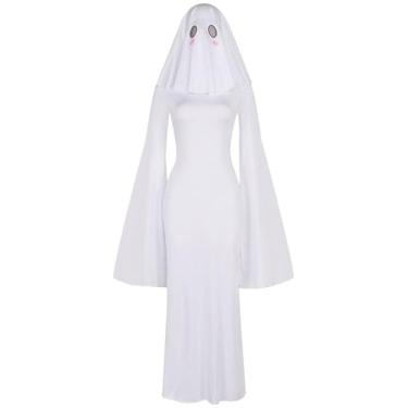 Imagem de ODIZLI Fantasias de Halloween para mulheres, fantasia de fantasma, anime, cosplay, conjunto completo com máscara, fantasia de dramatização, Vestido branco + lenço de cabeça, G