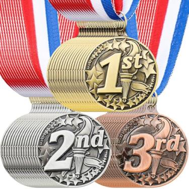 Imagem de RoundFunny 48 medalhas de prêmio 1º 2º 3º lugar medalhas para vencedor de prêmios, medalha de ouro prata bronze com fita de pescoço troféu prêmio para competições esportivas festa 5 cm (estilo tocha)