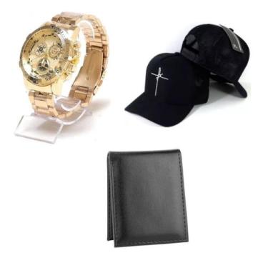 Imagem de Kit Masculino Presente Homem Relógio Dourado + Boné + Carteira  moda P