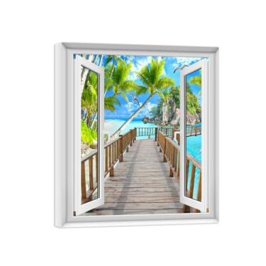 Imagem de Falsas Janelas Paisagens Impressões em Tela-Ponte mar árvores-Quadro Arte Moderna-Natureza Pintura Pronta para Pendurar Tela Embrulhada 30x35cm