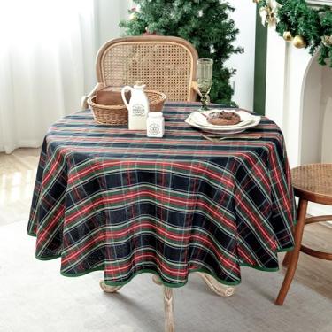 Imagem de LOSIVISHE Toalha de mesa xadrez azul de Natal à prova d'água – Design clássico xadrez – Capa de mesa de jantar para festas de Natal, resistente a manchas e durável, redonda de 152 cm