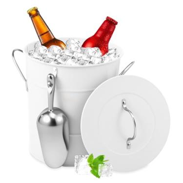 Imagem de Balde de gelo isolado para recipiente de gelo, com alça de 3,5 L, recipiente isolado de parede dupla, cubo de gelo de metal com colher para festas de bar e bebidas de cerveja (branco, 2)