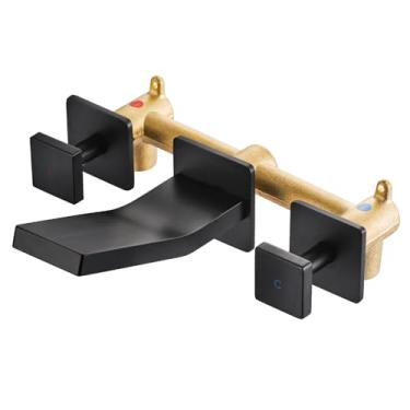 Imagem de ARCORA Torneira de banheiro de montagem na parede: preto fosco com alça dupla montagem na parede torneira de pia de vaso em cascata válvula áspera de latão incluída