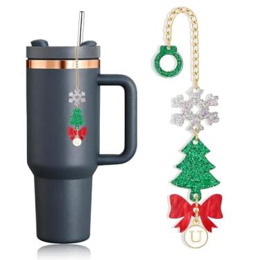 Imagem de QILMILY Pingente Stanley de árvore de Natal, acessórios de corrente de flor de neve para Stanley Cup, enfeite de palha Stanley personalizado (U)