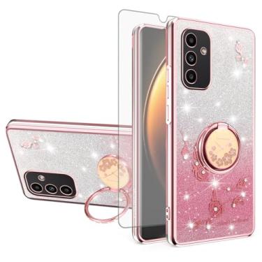 Imagem de Asuwish Capa de telefone para Samsung Galaxy A15 5G/4G com protetor de tela de vidro temperado suporte de anel com glitter transparente híbrido à prova de choque TPU capa protetora A 15 G5 15A