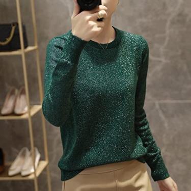 Imagem de Suéter Brilhante Com Decote Redondo Feminino Outono E Inverno Suéter De Malha Feminino Moda Verde Escuro Lantejoulas Top Gola Redonda Slim Manga Comprida Pulôver, Dark Green, L
