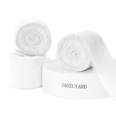 Imagem de JaoZuyard Fita branca de 3,5 cm x 3 rolos total de 21 metros fita de seda de chiffon com franja branca feita à mão para embrulhar convites de casamento de Natal, buquês de noiva, chá de bebê