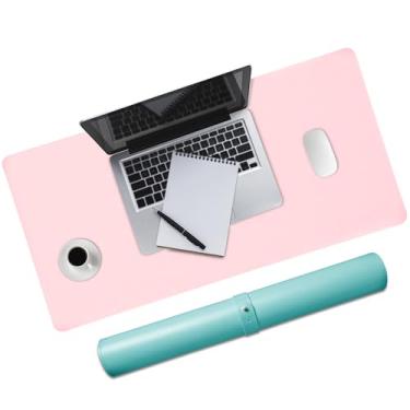 Imagem de Mouse pad grande de couro PU dupla face, tapete de mesa de computador antiderrapante, impermeável, fácil de limpar, adequado para escritórios e escritórios em casa (rosa claro e azul lago, 80 × 40 cm)