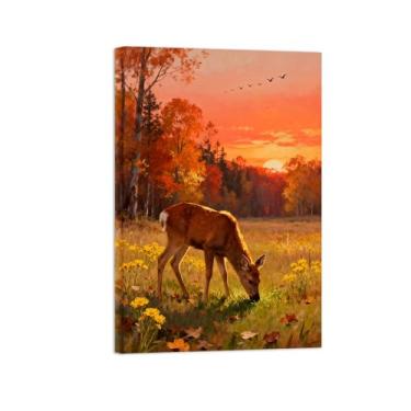 Imagem de Quadro arte parede outono-Árvore pastagem sol veado Impressões em tela paisagens-Pintura animais para decoração sala estar 20x30cm Tela Embrulhada