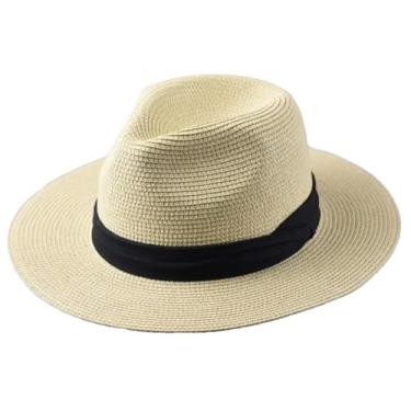 Imagem de Chapéu de palha masculino dobrável cabeça grande chapéu panamá verão chapéu de cowboy areia praia sol Fedora chapéus bege 58 cm-60 cm