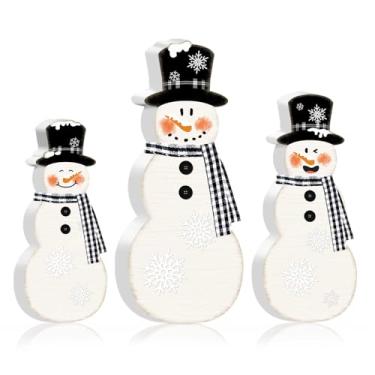 Imagem de Culudea 3 peças de decoração de mesa de boneco de neve para interior, decorações de Natal e inverno de madeira, estatueta rústica de inverno, bandeja em camadas, mesa de centro de mesa para casa