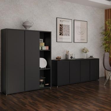 Imagem de Conjunto Sala De Jantar 2 Peças Armário Alto E Buffet Balcão - Preto Preto
