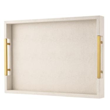 Imagem de Bandeja de servir de couro sintético bege com alças – Bandeja decorativa grande para mesa de centro, otomana, sala de estar, banheiro – decoração de casa