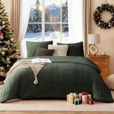 Imagem de Monbix Conjunto de edredom casal fofo – Conjunto de cama de lã de ovelha aconchegante com 3 peças, floresta profunda, inverno quente, luxuoso, 1 edredom com 2 fronhas