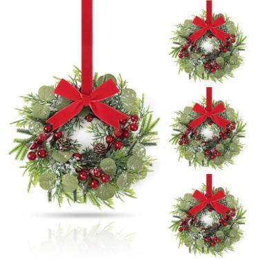 Imagem de 4 grinaldas artificiais de Natal de 23 cm, guirlanda de pinheiro norfolk com frutas vermelhas e pinhas grinaldas, guirlandas artificiais de pinheiro nevado para decoração de Natal, mesa de centro de