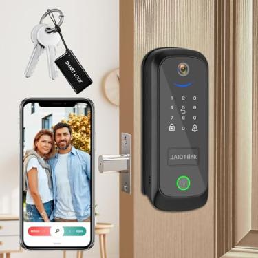 Imagem de JAIOTlink Trava inteligente 5 em 1 para porta da frente, fechadura de entrada sem chave com câmera e campainha, trava eletrônica segura WiFi para casa, impressão digital, teclado, controle de