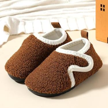 Imagem de Pantufas infantis para meninos e meninas com sola de borracha antiderrapante para caminhada em ambientes internos/externos, Marrom, 10-11 Little Kid