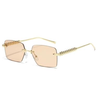 Imagem de HCHES Óculos de Sol Femininos Sem Aro com Rebites e Armação Metálica, Proteção UV400 (Champagne)
