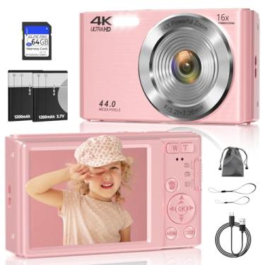 Imagem de Câmera digital pequena para fotografia, câmeras digitais de apontar e fotografar com FHD de 44 MP, cartão de 64 GB, câmera infantil com foco automático de zoom 16X, 2 baterias-rosa
