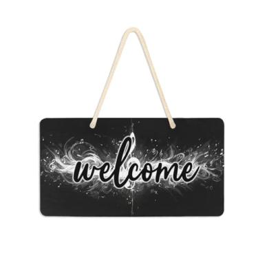 Imagem de STAYTOP Placa de boas-vindas para pendurar teclas de piano preto e branco, placa de boas-vindas de Halloween para varanda de fazenda, placa de boas-vindas para porta da frente, decoração de parede
