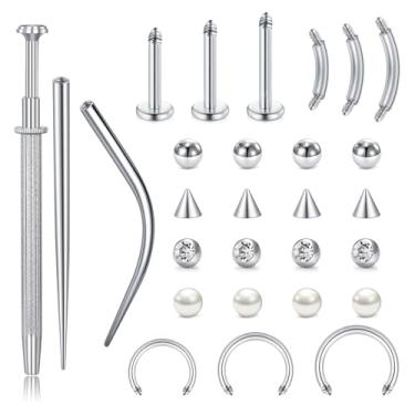 Imagem de VCMART Kit de piercing de estilo misto para cartilagem tragus hélice nariz septo lábio labret barriga sobrancelha torre daith piercing de concha com piercing afunilado bola grabber ferramenta para