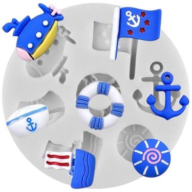 Imagem de CANYANGMOLD Moldes de silicone marinho submarinos âncoras navios boias salva-vidas bandeiras molde de doces para decoração de bolos topos de cupcake fondant pasta de goma de chocolate argila polímero
