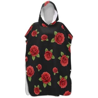 Imagem de Joisal Red Roses Black Surf Poncho Trocador Roupão para Adultos Leve Homens Mulheres Poncho com Capuz Toalha de Banho com Capuz Praia