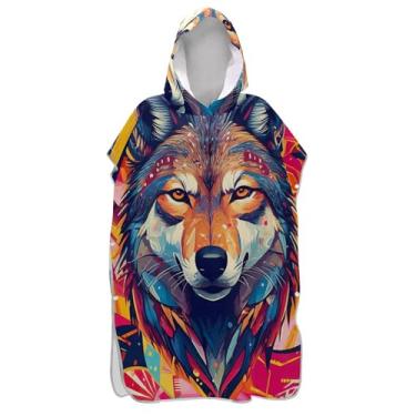 Imagem de TSENQUE Roupão para adultos, poncho de surfe, toalhas de banho com capuz, reutilizáveis, coloridas, cabeça de lobo, ponchos de praia legais para homens