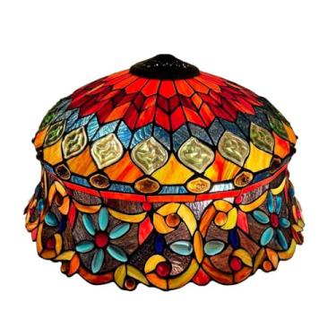 Imagem de Cúpula de abajur Tiffany grande, estilo chapéu de palha, em vitral, 45,7 cm de largura x 25,4 cm de altura, com contas de vidro em formato de pavão, ideal para luminárias de mesa, pendentes